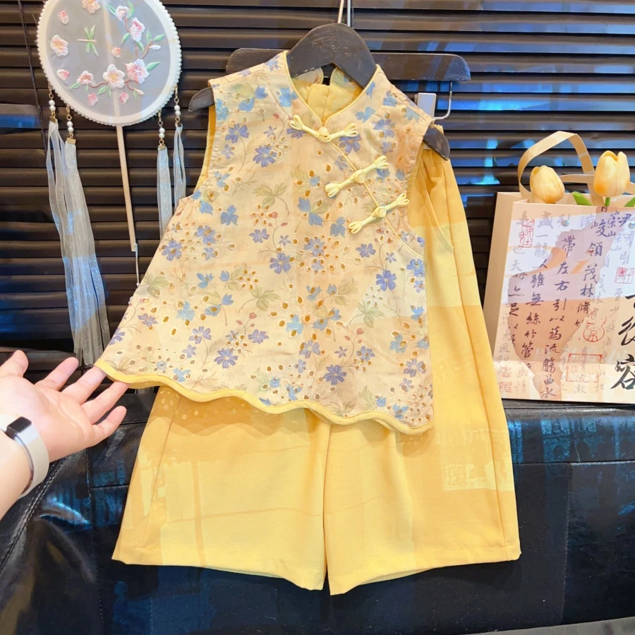 儿童薄款碎花宽松中国风女童时尚套装夏季无袖洋气两件套FTZ391