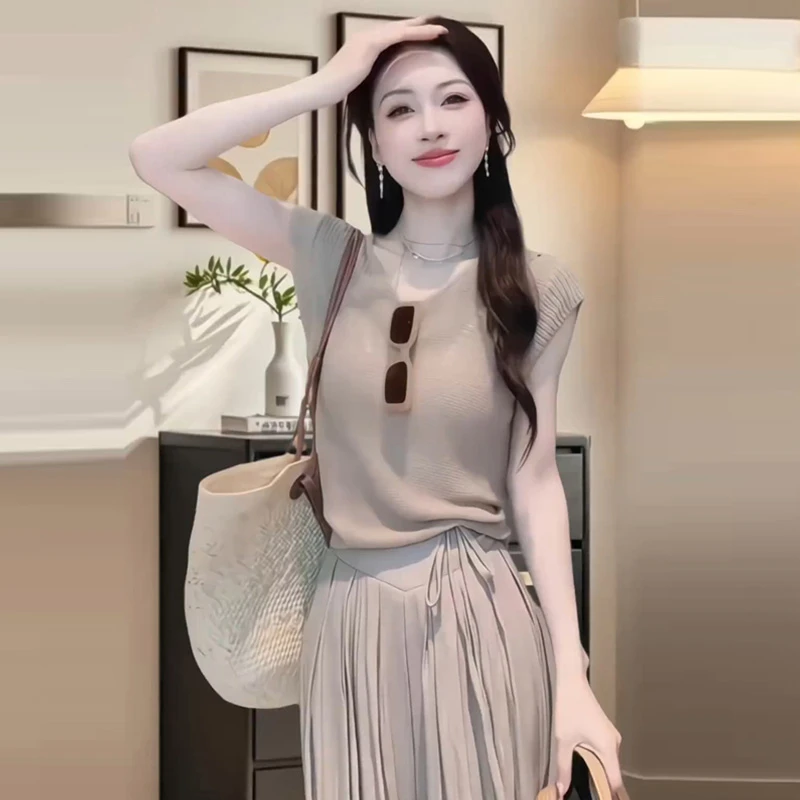 冰丝镂空薄款针织衫短袖T恤女2026新款夏季后绑带短款显瘦上衣女