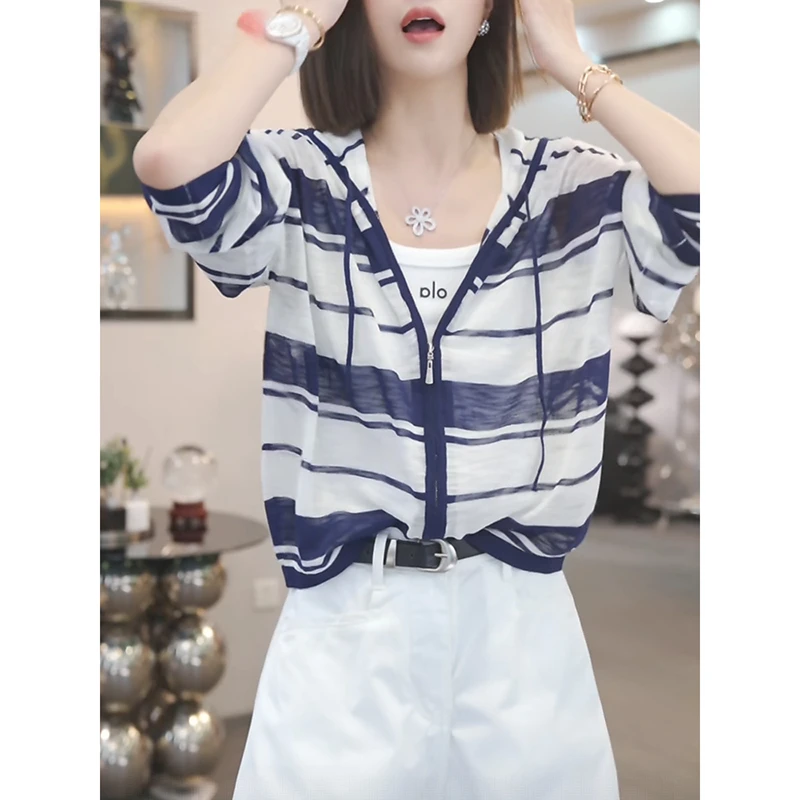 韩系宽松连帽拉链条纹长袖外套开衫女2025夏季新款防晒薄款上衣潮