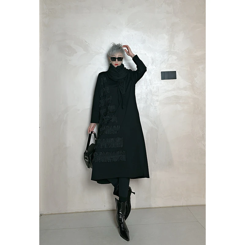 Dan Dan 黑色流苏长袖连衣裙女 高端休闲显瘦欧美风裙子