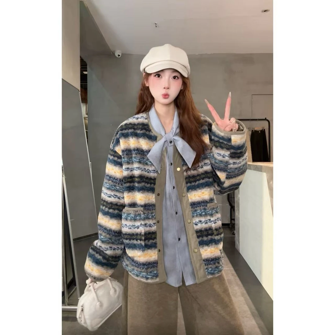 VGVL外套【海盐】慵懒风撞色秋冬长袖加厚百搭外套单排扣条纹30339