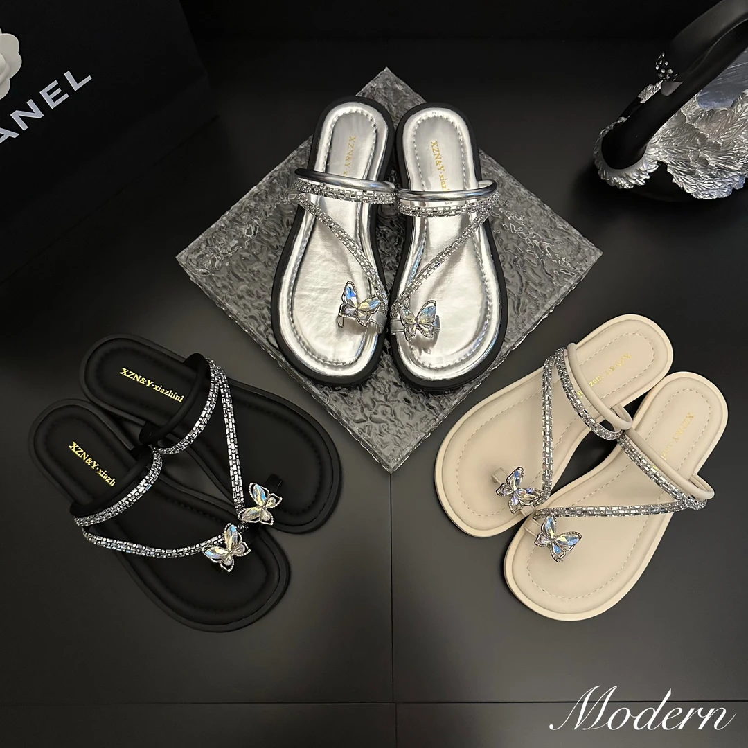 温婉精致彩钻蝴蝶低跟软底女外穿2025夏新韩百搭配裙仙女风凉拖鞋