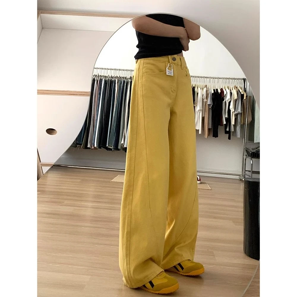 美式高街黄色阔腿牛仔裤女秋季新款高腰宽松显瘦百搭直筒拖地裤子