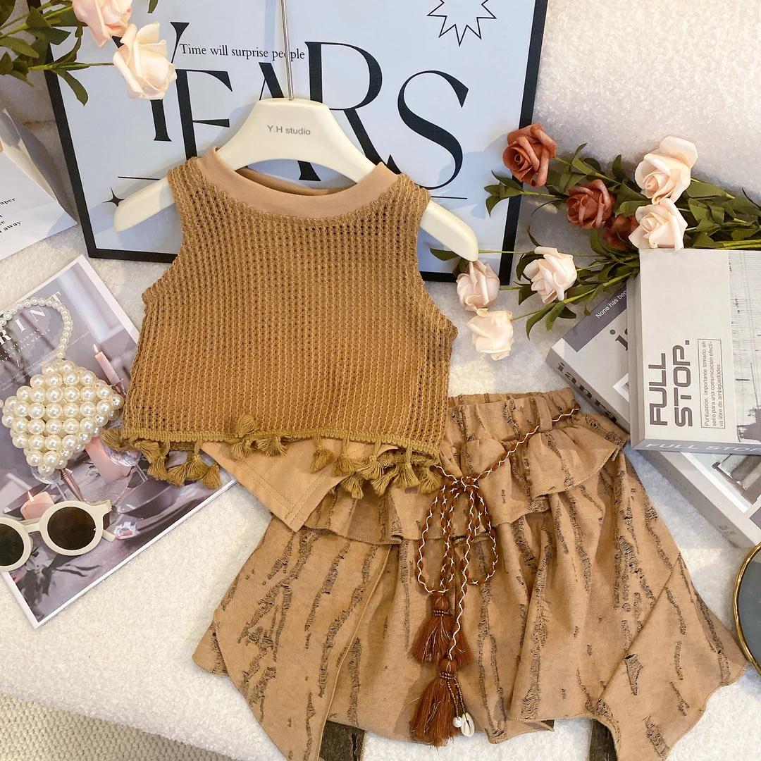 SD2025夏季女童薄款套装 针织无袖坎肩上衣个性短裙两件套8360