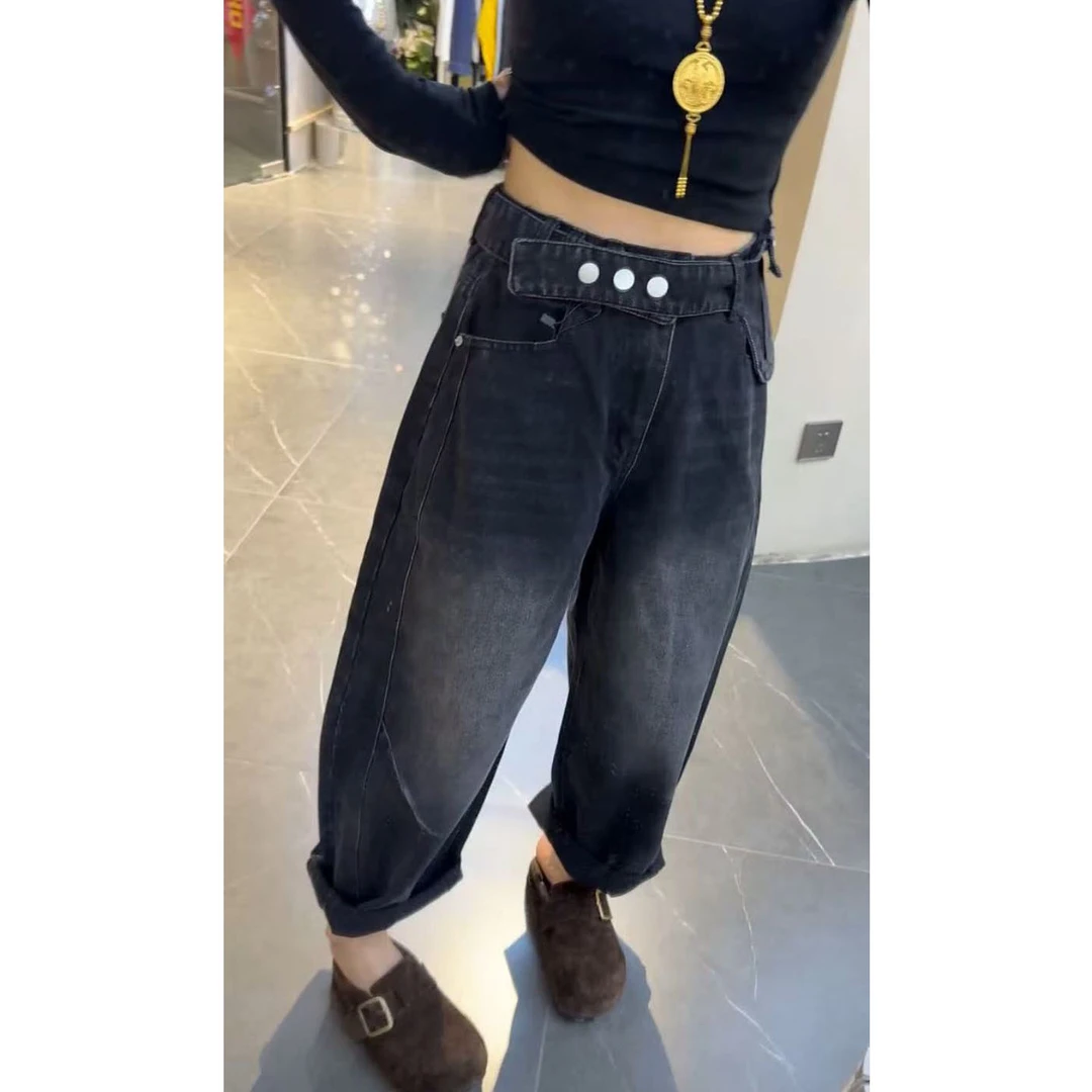 艾塔莉秋季水洗磨白大码牛仔裤百搭显瘦极简风高腰设计感阔腿裤女