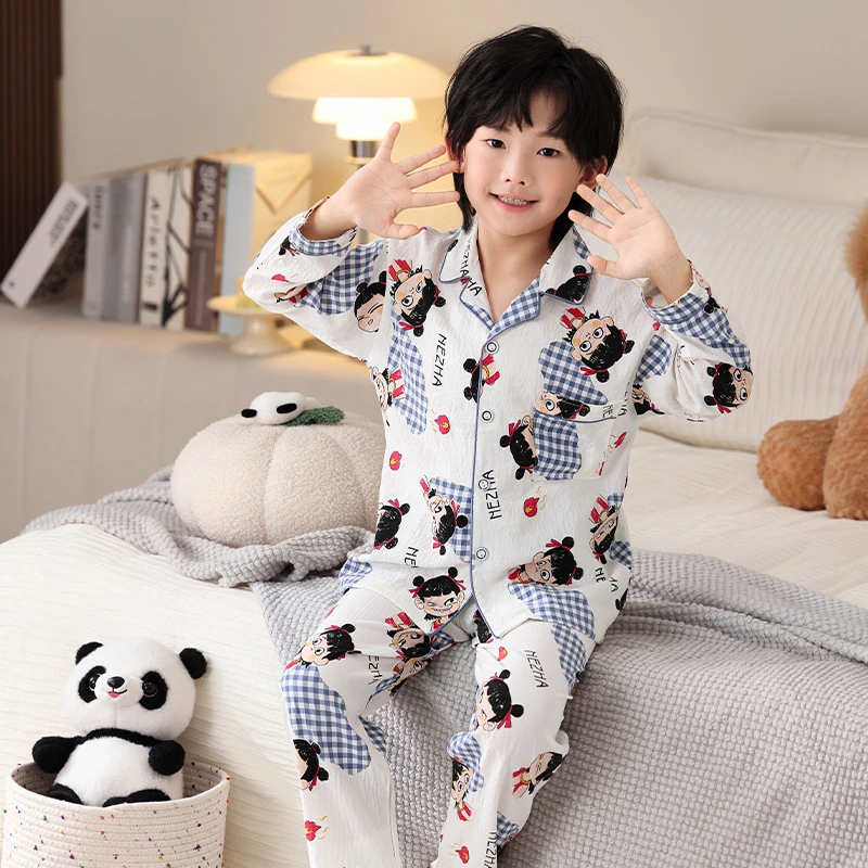 2025新款儿童卡通开衫睡衣男童春秋季长袖云朵棉中大童家居服套装