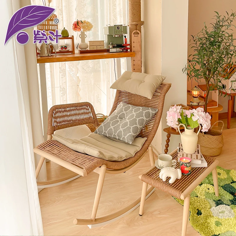 紫叶摇椅舒适大人阳台家用休闲藤椅椅子藤编懒人椅户外轻奢摇摇椅