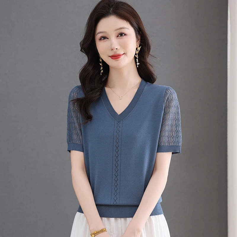夏季女士套头V领宽松显瘦短款百搭外穿短袖针织衫