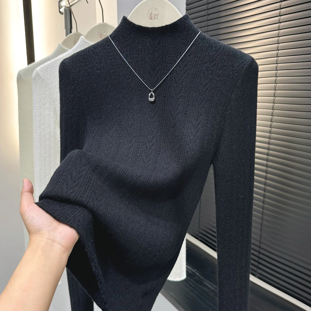 黑色纯欲风加绒针织上衣女秋冬新款小众软糯长袖T恤修身套头小衫