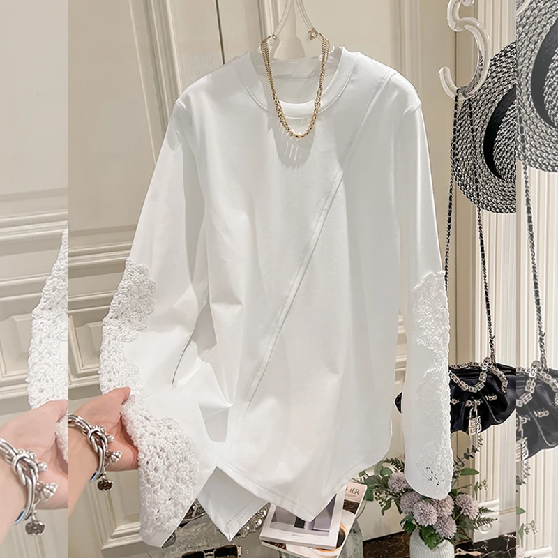 早春新款设计感花边拼接长袖T恤上衣女装大版宽松遮肚内搭体恤潮