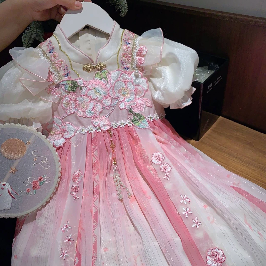 【现货】米米哈罗女童夏日汉服裙中国风连衣裙公主裙蓬蓬裙X25268