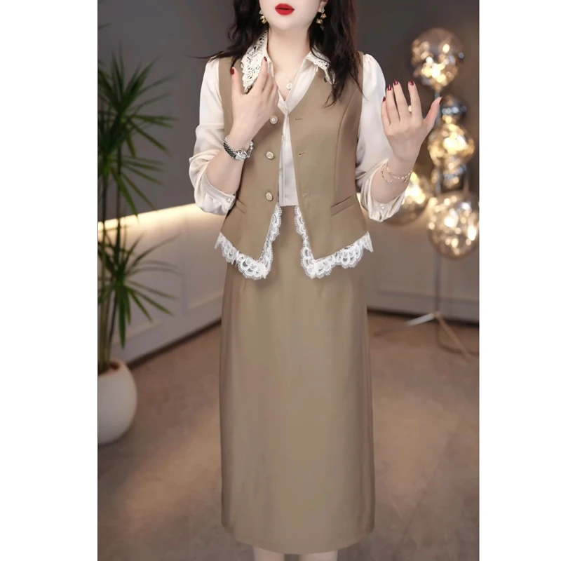 通勤职业装马甲配连衣裙两件套2025春季新款时尚衬衫套装裙高级感