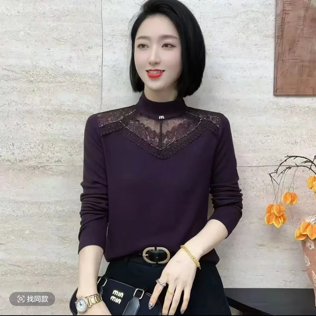 2025年冬季新款女士百搭设计款蕾丝拼接气质款打底内搭上衣D6828