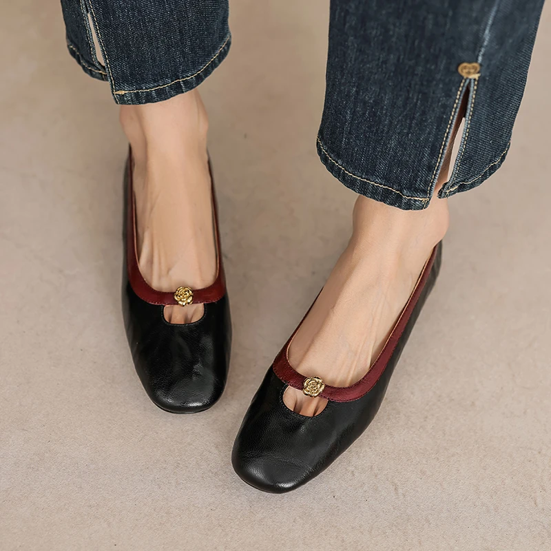 李大龙3052羊皮1.5公分/复古方头春季豆豆鞋女法式简约平底单鞋