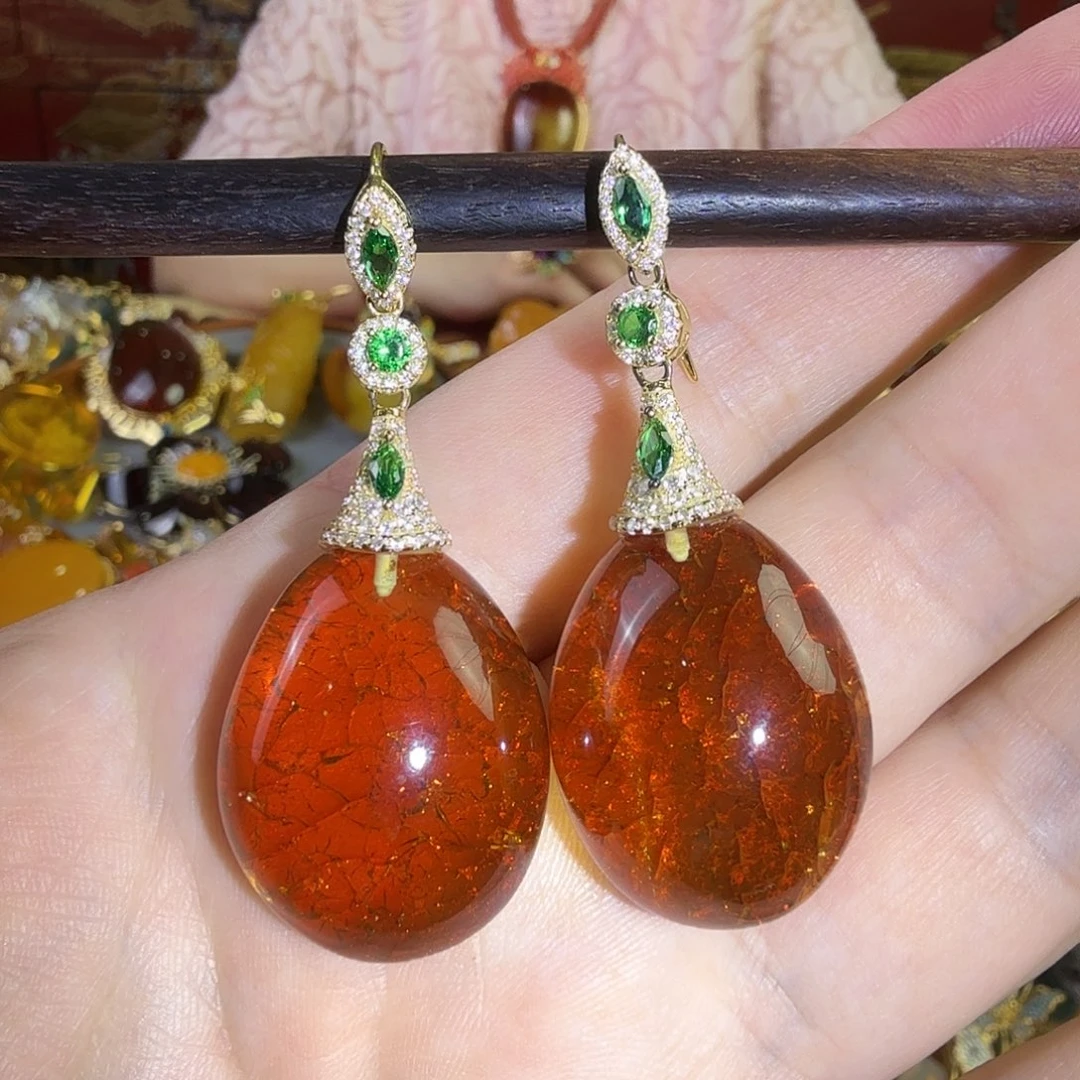 琥珀银S925镀金镶嵌耳环