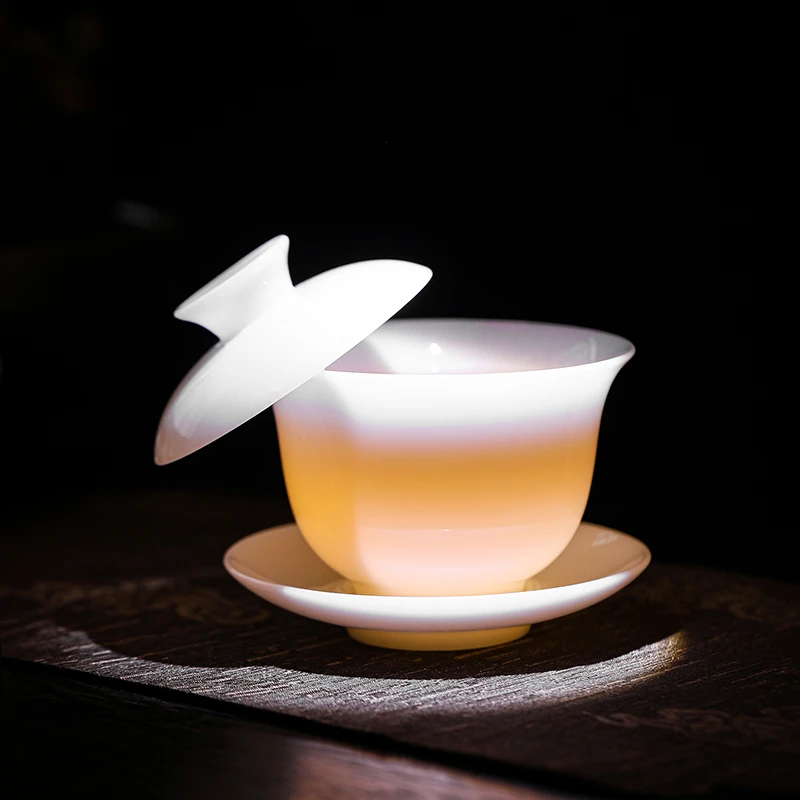 悬停璞玉瓷冰种盖碗茶杯单个高档三才茶碗德化羊脂玉白瓷功夫茶具