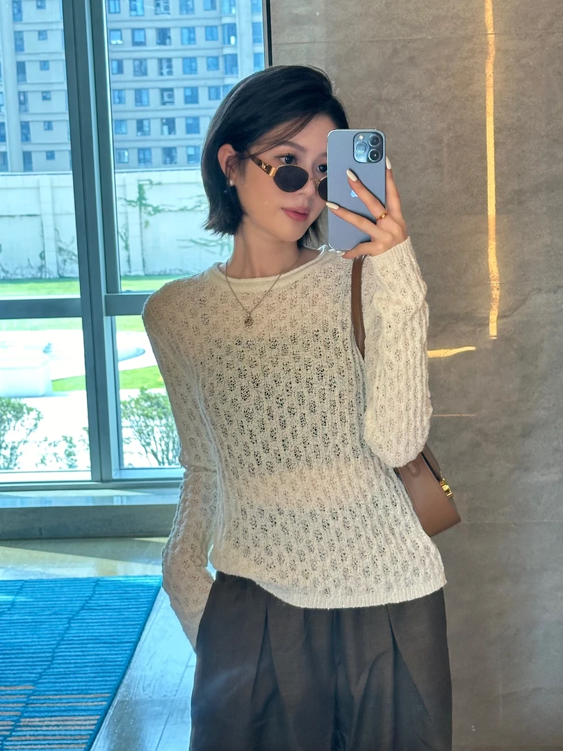 YERUNLU慵懒风别致圆领镂空针织衫女2025温柔百搭肌理感上衣