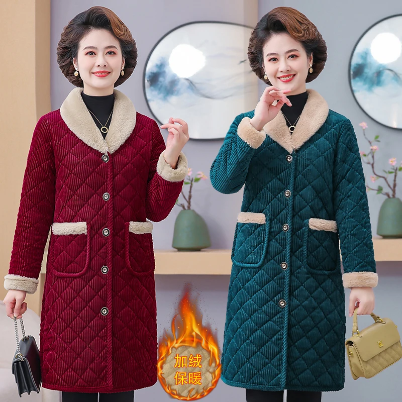 中来年冬季加绒加厚新款毛领翻领棉衣女妈妈装时尚加绒中长款棉袄