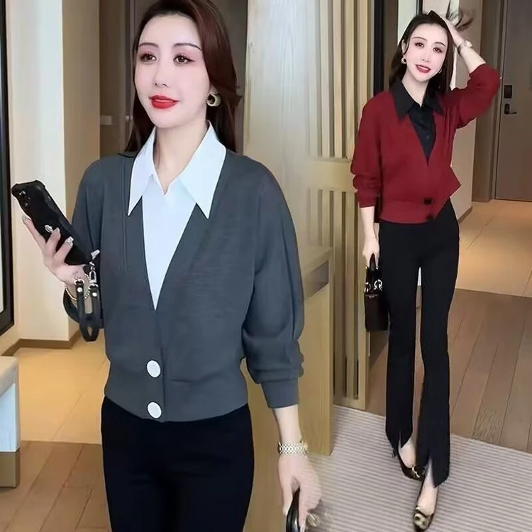 网红春秋假两件衬衣领上衣女洋气宽松显瘦气质百搭纯色卫衣小衫女