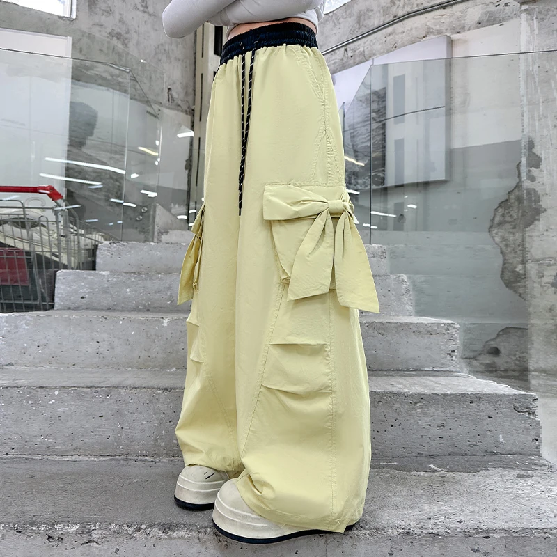 女童大口袋蝴蝶结工装裤时髦阔腿裤2025新款长裤子中大童潮范街舞