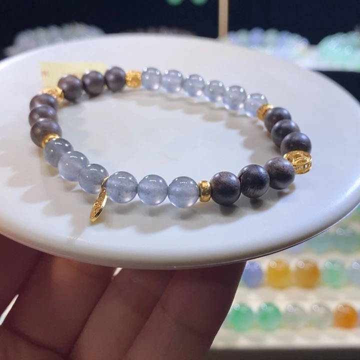 翡翠18K金镶嵌吊坠(不含链)翡翠黑杠圆珠手串