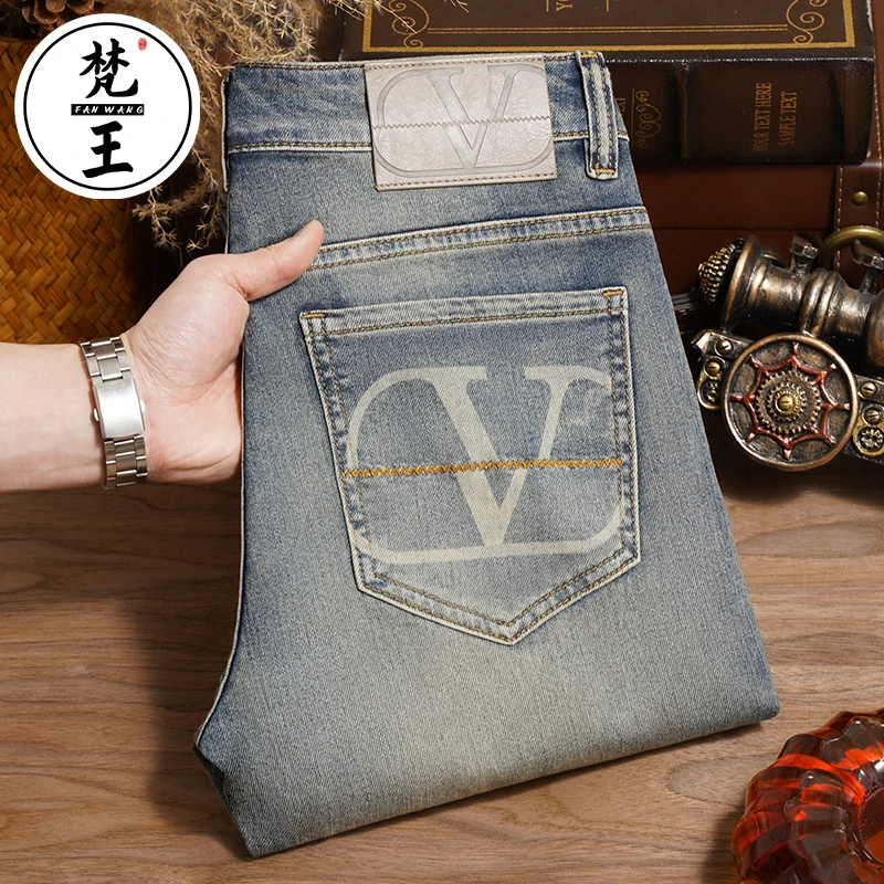 梵王春夏新款高端蓝色男士软牛仔裤时尚小直筒弹力休闲长裤男6205