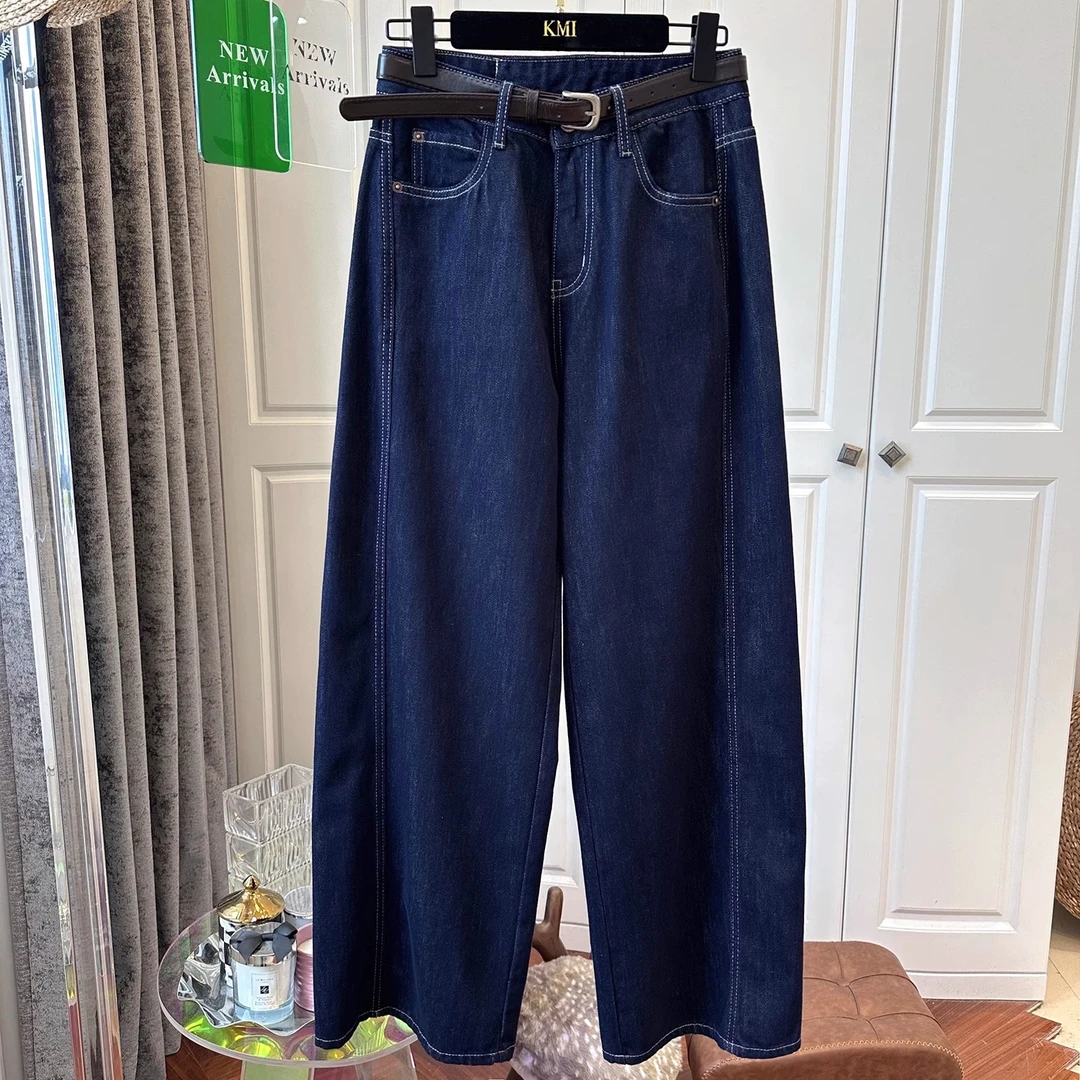 百搭春季款2025韩系复古高腰深蓝色牛仔裤女弯刀裤宽松显瘦镰刀裤