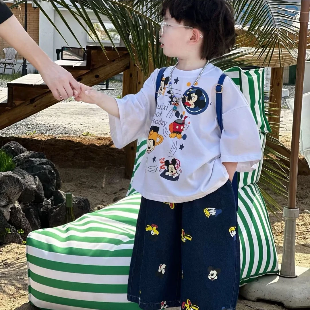 儿童夏季新款米奇套装2025年时尚男女宝宝米奇短袖米奇牛仔裤套装