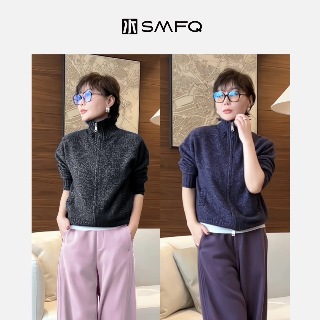 水木夫妻加拿大进口浣熊毛立领花纱双拉链保暖毛衣开衫