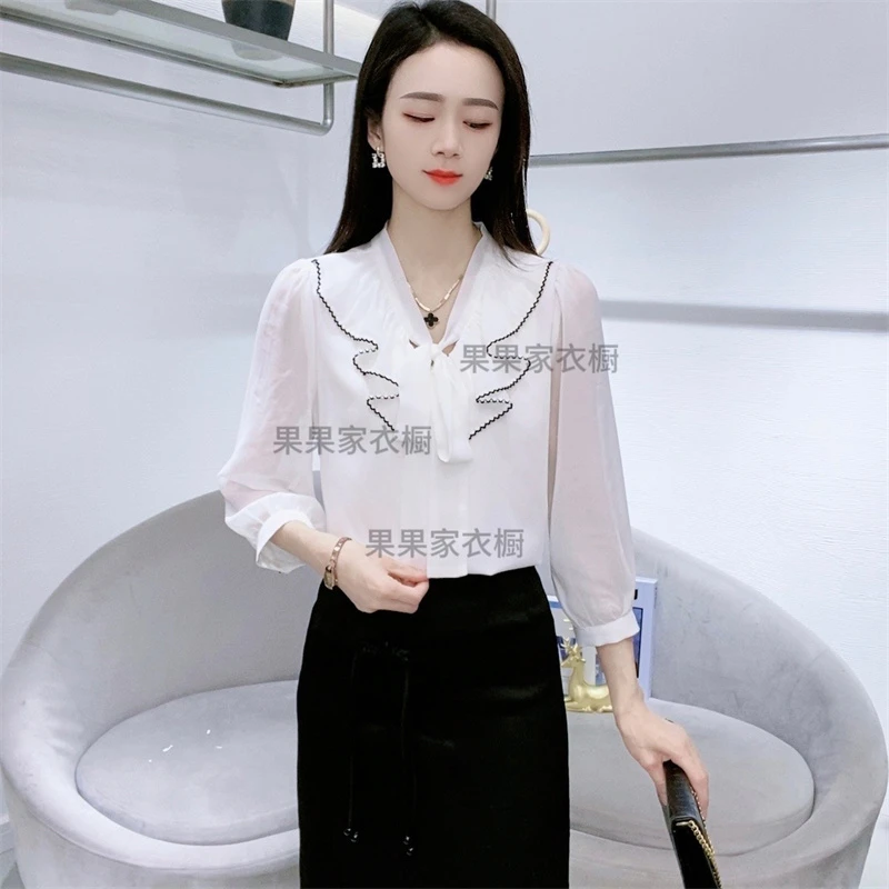 B2106春季新款百搭减龄牛奶丝荷叶边洋气显瘦气质衬衫（M-3XL）