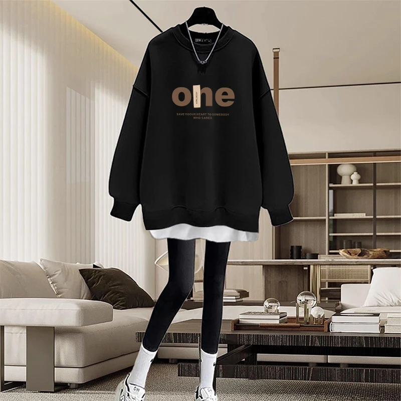 假两件圆领卫衣女2026秋冬新款中长款盖遮屁股加绒加厚拼接上衣