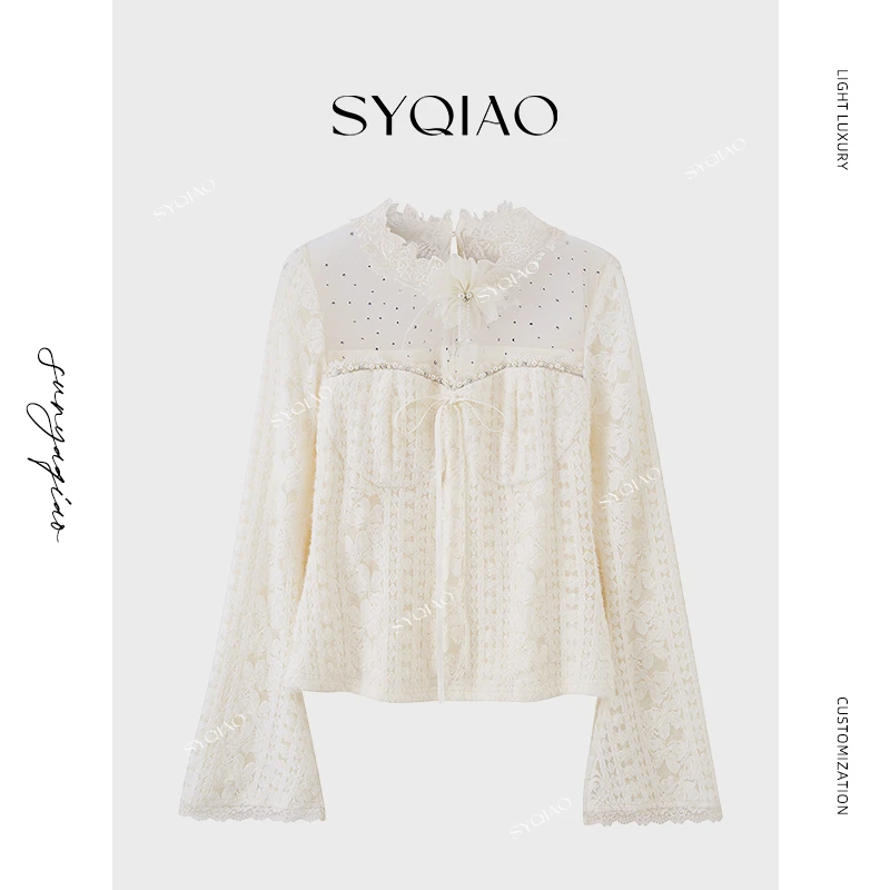 【雅乔定制】朦胧花语 蕾丝网纱拼接烫钻打底上衣女秋DYCC-25068283