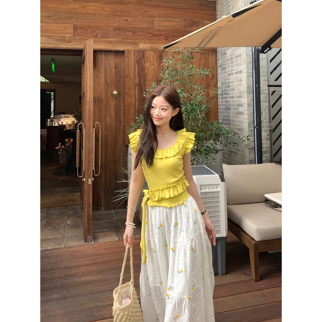 切糕自制【甜橙气泡】小个子夏显白多巴胺松弛感荷叶边针织衫短袖