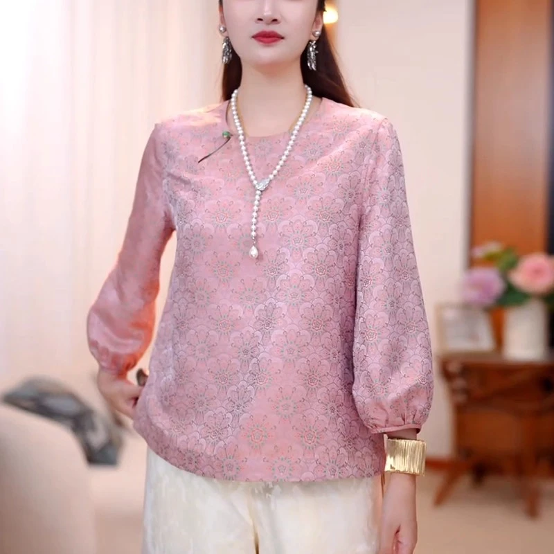 新中式国风唐装复古粉色提花衬衫女2025秋圆领斜襟气质七分袖上衣