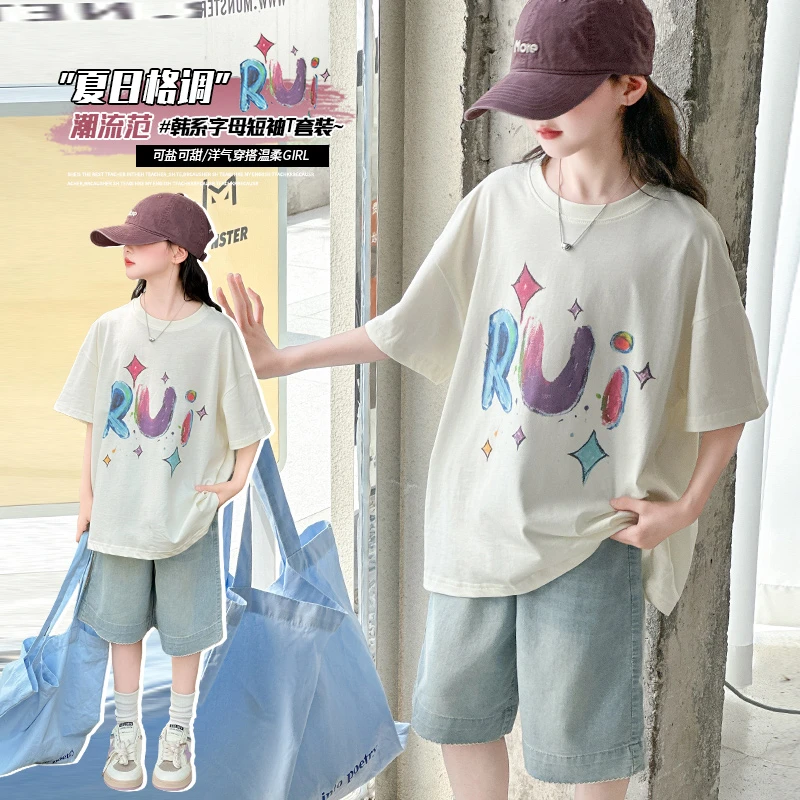 女童夏季短袖套装小吃时尚休闲百搭宽松印花ins小吃时尚运动卡通