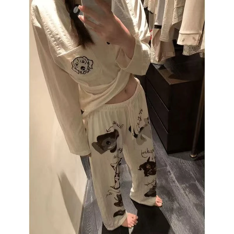 睡衣女春秋季新款纯棉套装甜美风可爱带胸垫长袖长裤家居服可外穿