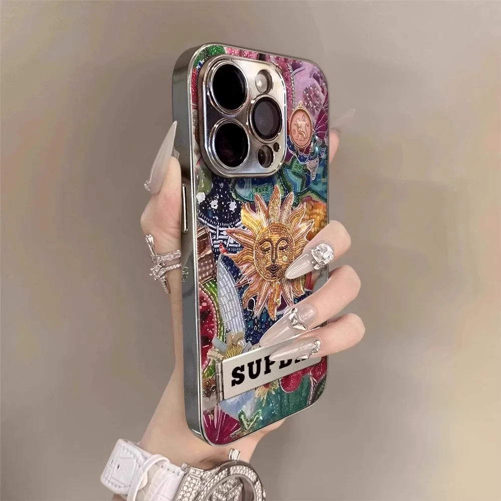 复古太阳神适用苹果16promax手机壳新款彩绘iphone15电镀小羊皮14