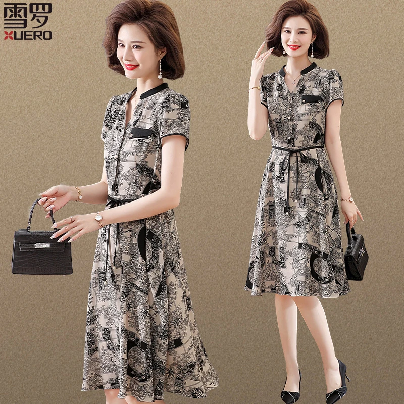 年轻妈妈连衣裙气质高贵中年妇女夏装新款中老年贵夫人短袖长裙子