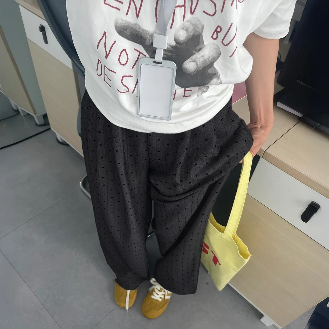 早秋深灰色植绒爱心阔腿裤女薄款胖妹妹mm遮胯显瘦宽松直筒休闲裤