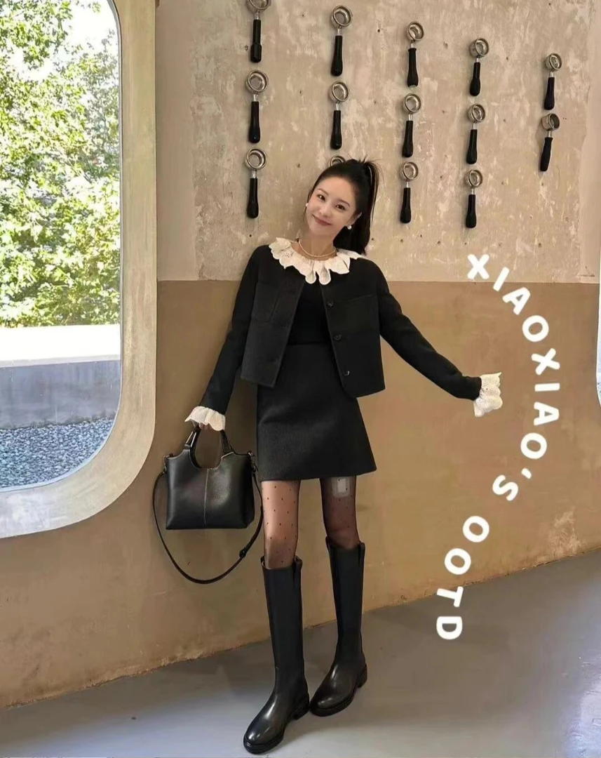 春季新款韩系设计感千金风黑色套装花边领外套短裙气质套装