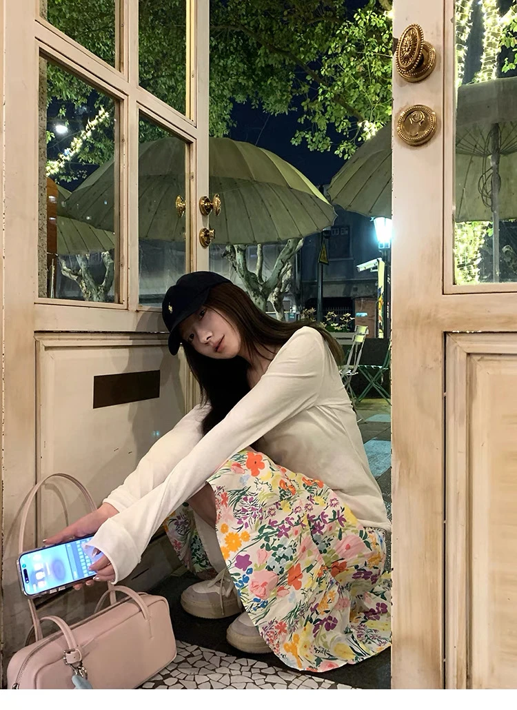 H彩色缤纷花卉黄色碎花宽松半身裙女夏季中长款裙子