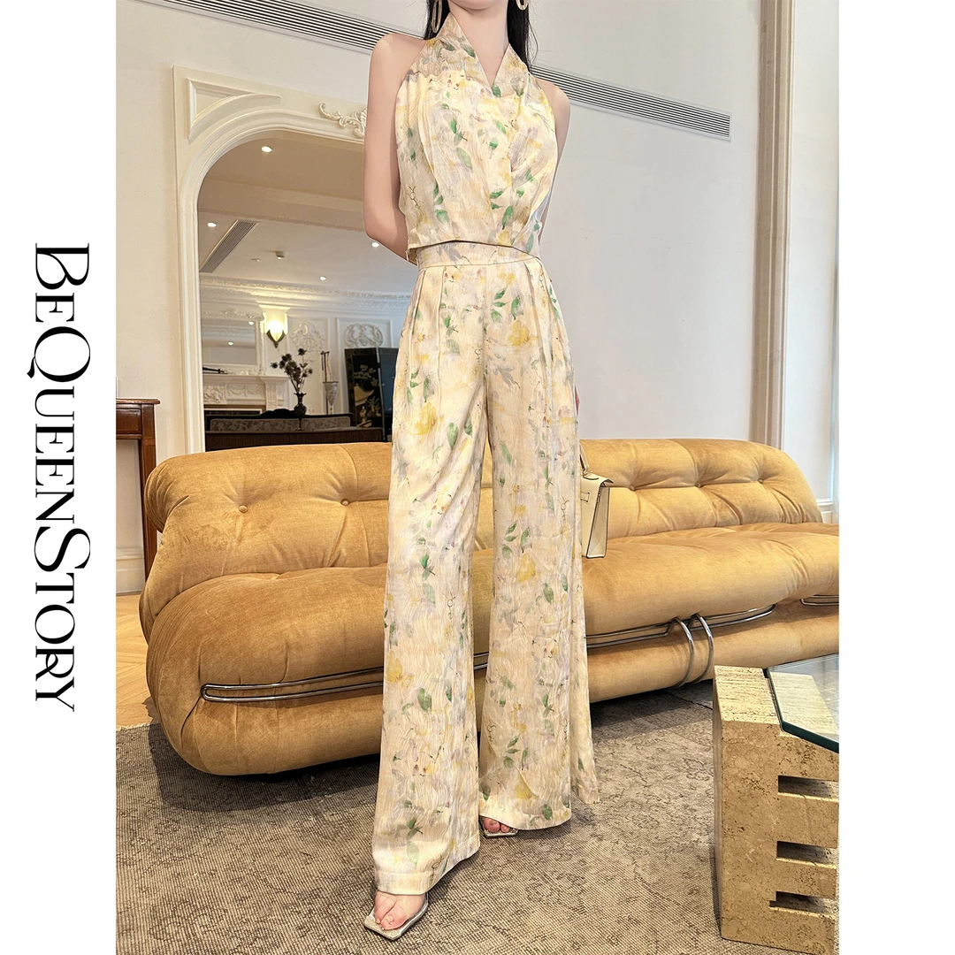 余潇潇【原野新风】缎面印花挂脖无袖上衣&直筒裤欧若风套装