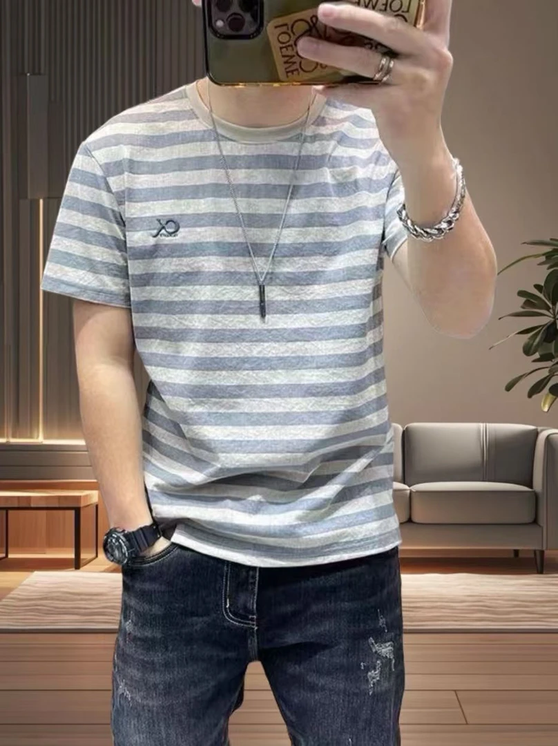 条纹短袖T恤衫男士2025夏季新款麻料棉麻半袖体恤衫男装薄款上衣