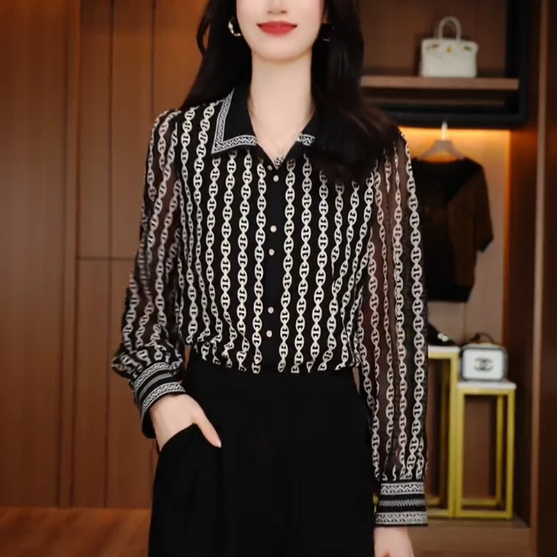 女士翻领印花雪纺衬衫2025早秋新款复古洋气宽松显瘦薄款长袖上衣