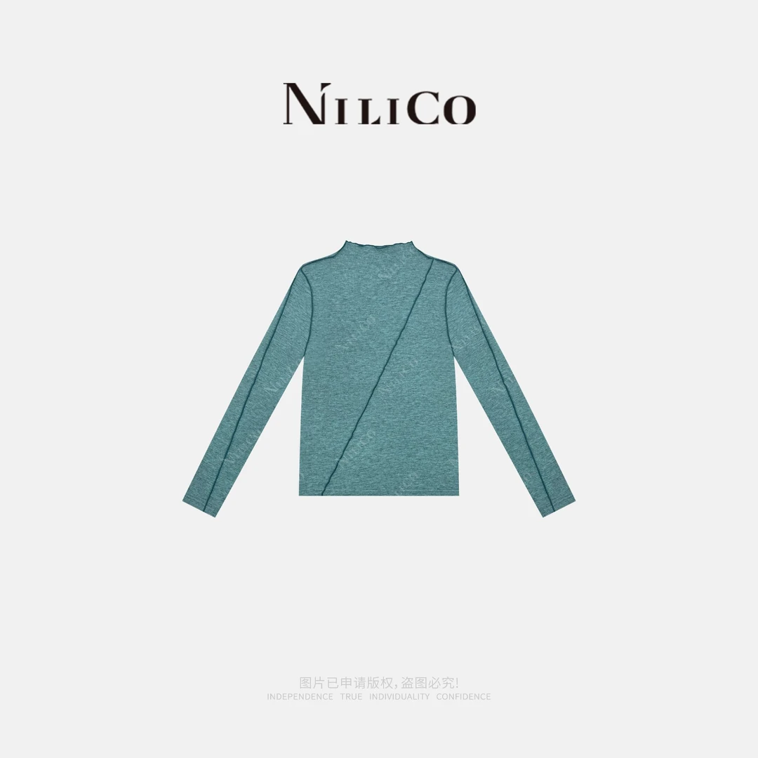 NILICO【蓝色多瑙河】新国风小连领设计感环保纤维长袖女T恤