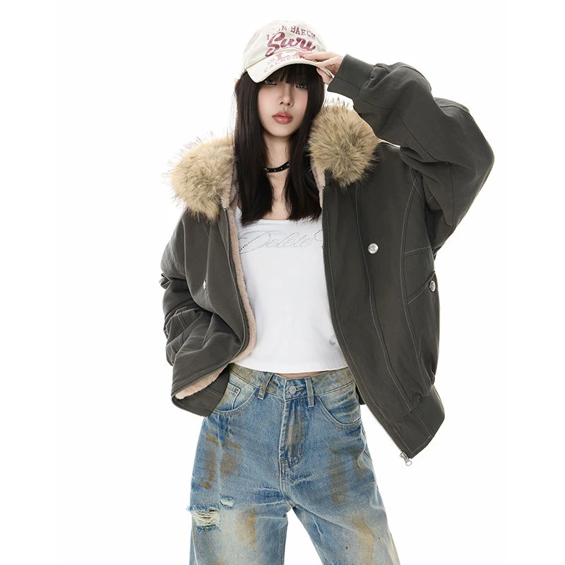 2025新款美式复古棉服外套短款派克服加厚加绒保暖宽松防寒棉衣女