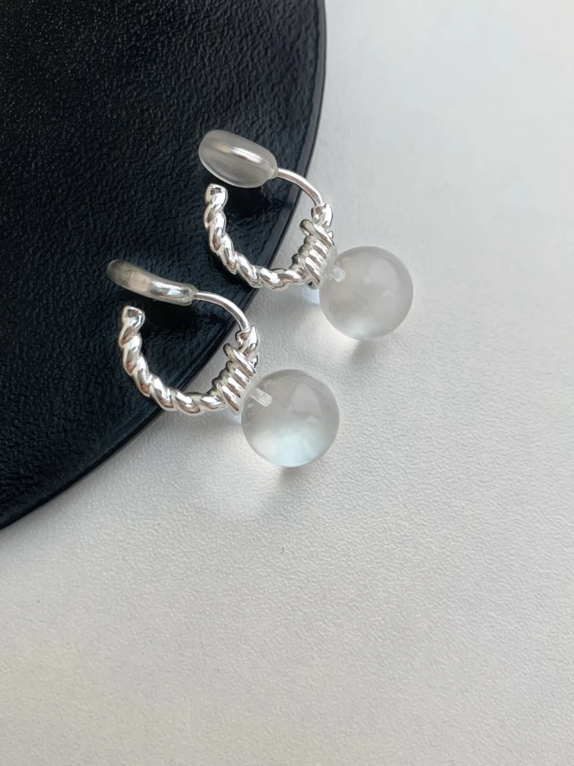 铜合金耳饰 H627透亮白水珠麻花耳圈小众一体成形蚊香盘蚊耳夹