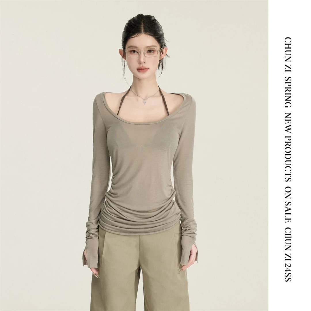 【CHUN ZI】微透大U领打底衫性感修身显瘦上衣春百搭长袖T恤