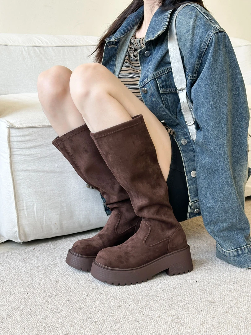时装靴长靴女靴绒面2025年新款秋冬女骑士粗跟圆头百搭高筒靴时尚
