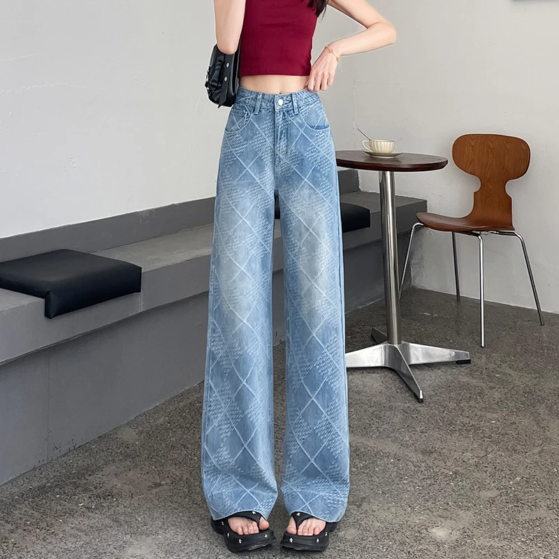 提花阔腿牛仔裤女2025夏季薄款设计感小众肌理菱形编织窄版直筒裤